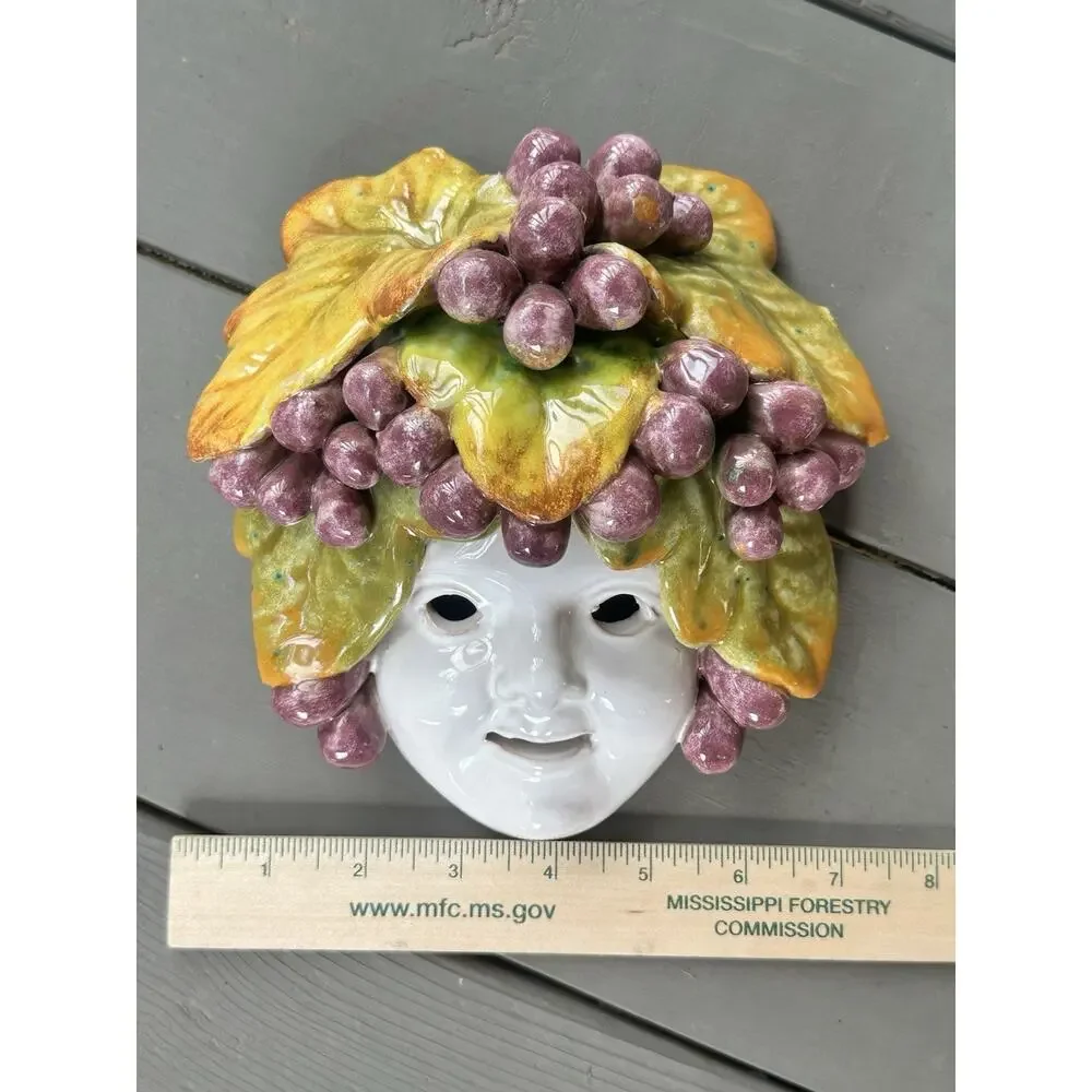 VTG Ceramiche Villani Firenze Italy Wall Mask Grape Leaf Ceramic Face Art Signed